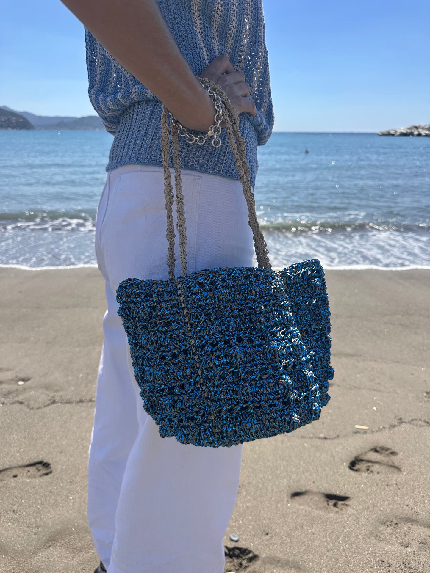 Secchiello in rafia naturale-azzurro